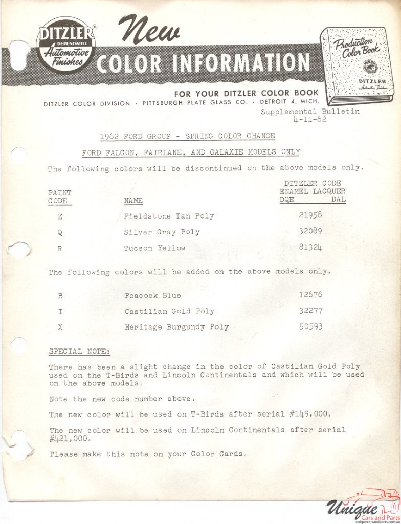 1962 Ford Paint Charts PPG 2